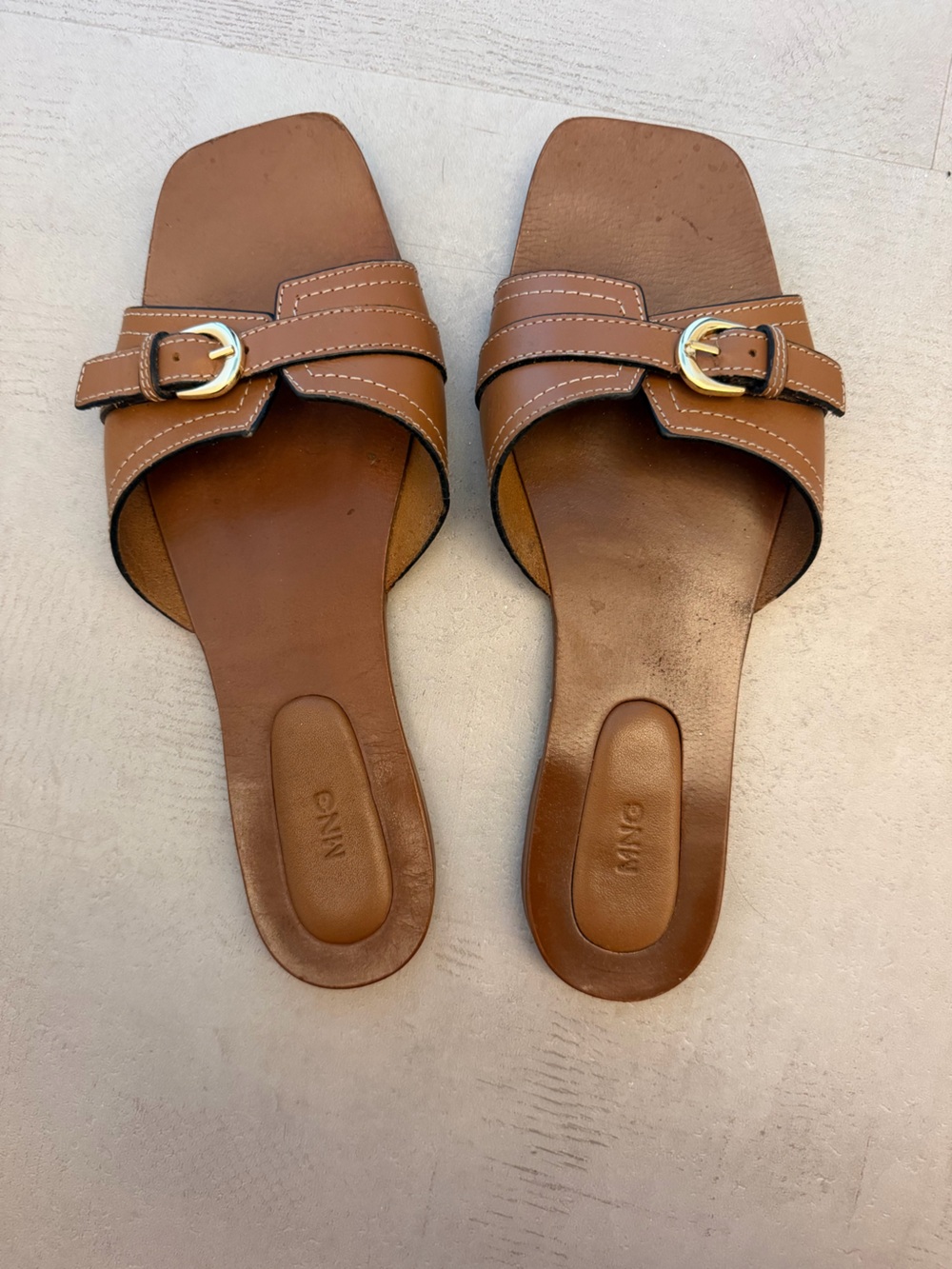 Mango Brown Leather Slide Mules with Gold Buckle